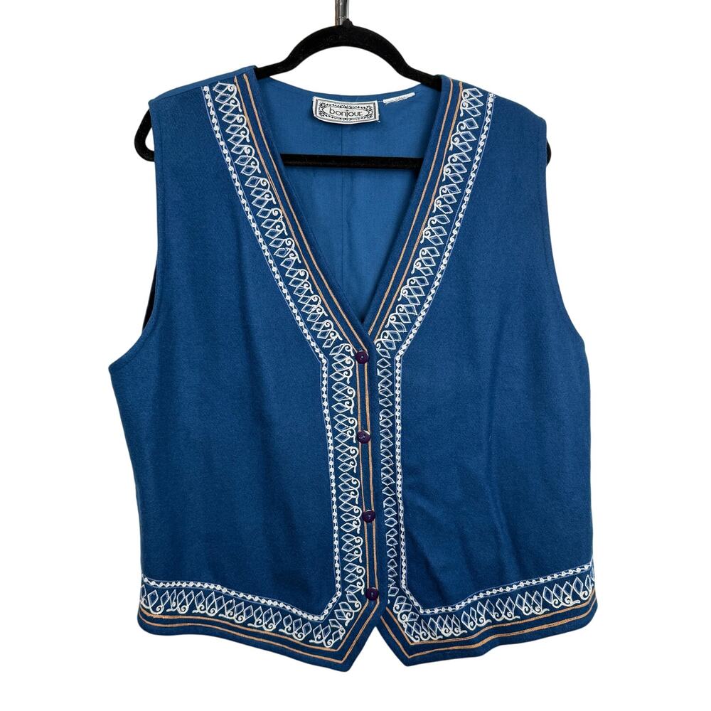 Vintage Bonjour Wool Embroidered Vest Blue Button Front Folk Boho Women’s L